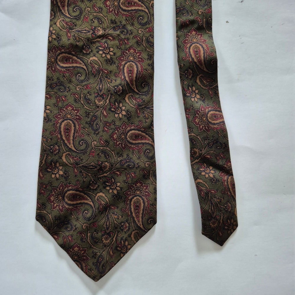 J.Crew Mens Silk Tie Olive Green Burgundy Paisley Floral Handmade Necktie